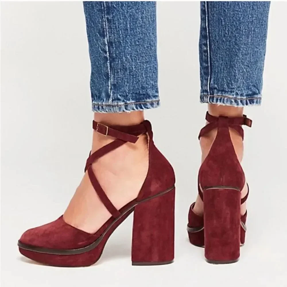 Free People size 41 10 Burgundy Remi Double Strap Suede Platform Shoes